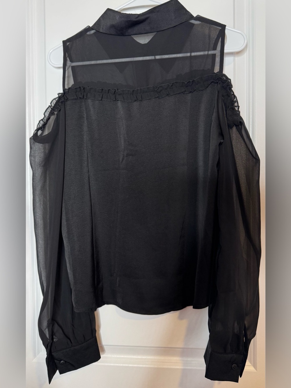 Black Cold-Shoulder Sheer satin Blouse - Women Tops size medium